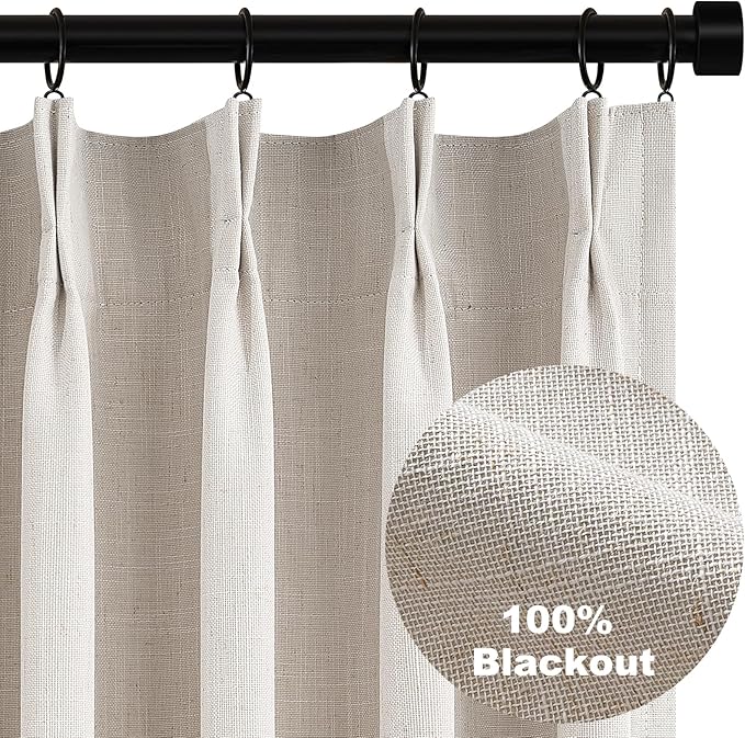 Topfinel Pinch Pleated Curtains 96 Inch Long, 100% Blackout Thermal Insulated Natural Linen Pinch Pleat Viral Drapes with Hooks Rings 2 Panel Sets, Neutral Oatmeal Ivory 8FT Back Tab Window Curtains