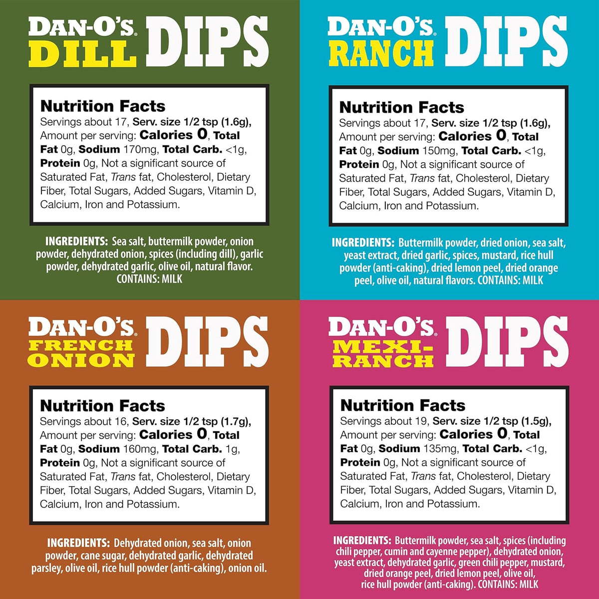 Dan-O’s Dips Variety Pack (8 Pack) – Ranch, Mexi-Ranch, French Onion & Dill Dip Mixes – All-Natural Seasoning Packets – Just Add Sour Cream or Greek Yogurt – No Artificial Ingredients