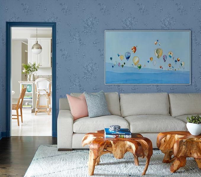Erfoni 197"x17.7" Grey Blue Peel and Stick Wallpaper Thicken Floral Embossed