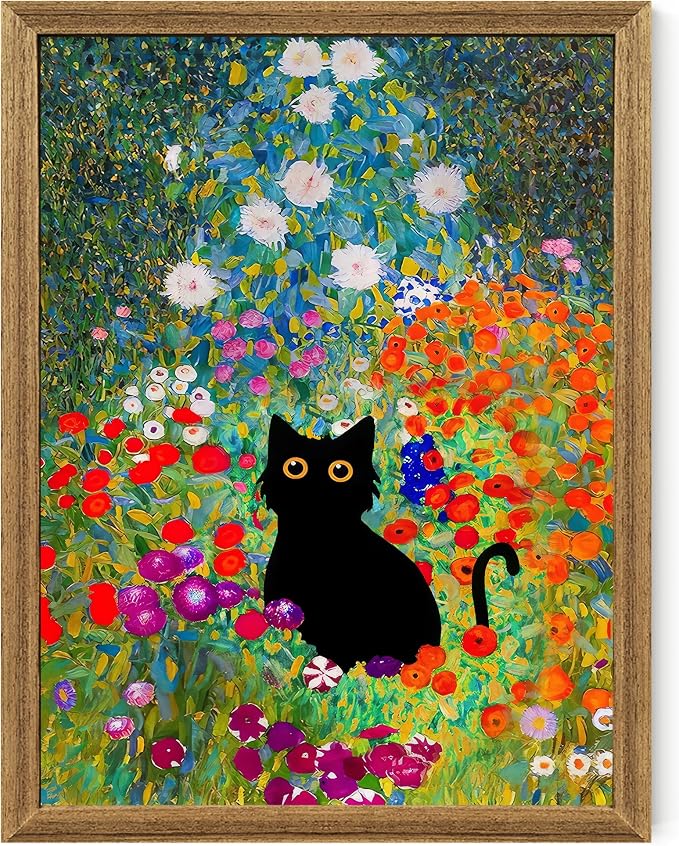 Fantasy Artists Gustav Klimt Canvas Wall Art, Framed Aesthetic Cat Floral Wall