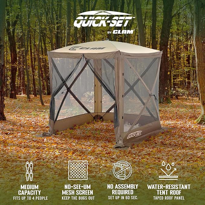 CLAM Pop Up Screen Tent, Outdoor Camping Gazebo Canopy, Traveler, 6' x 6', Brown