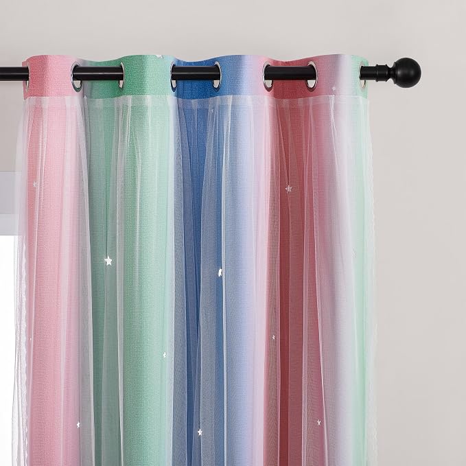 XiDi Curtains for Bedroom Decor, Rainbow Pink GreenBlue52/90/1