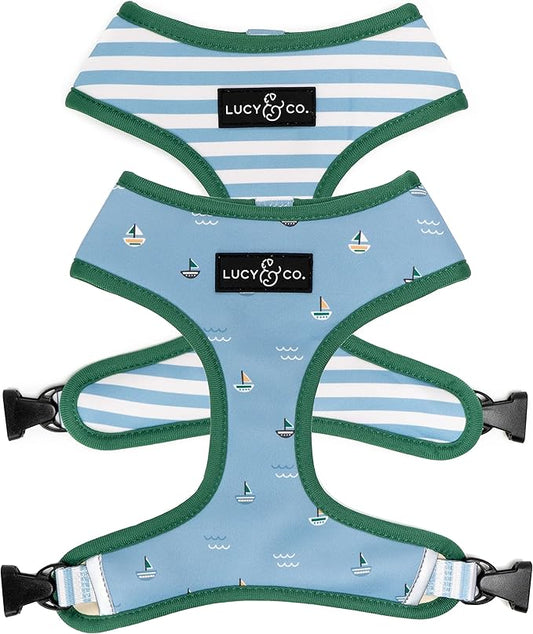 Lucy & Co. Set Sail Reversible Harness, Walking Halter - Best Designer Pet Harnesses for Large Dogs - Padded Adjustable Vest for Easy Walking, Large, Blue & White Stripes & Sailboats