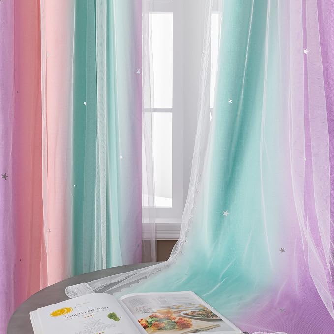 XiDi Pink Green Curtains 108 Inches Long, Unicorn Wall Decals
