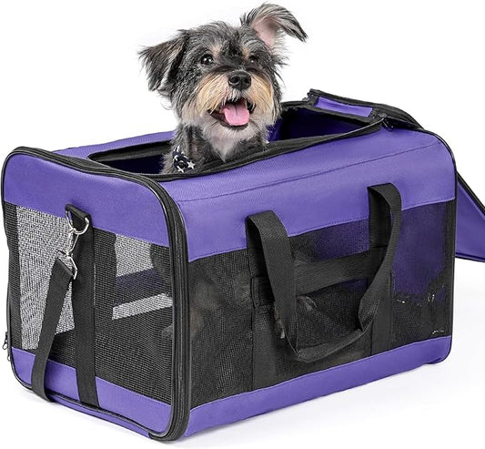 Dog Carrier Soft Sided, Large Cat Carrier with Inner Safety Leash, Pet Transport Carrier for Large Cats and Medium Dogs up to 20 Lbs, Collapsible Travel Puppy Carrier Bag -Purple L