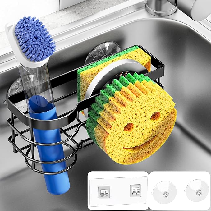 Cisily Smiley Sponge Holder for Kitchen Sink Caddy, Stainless Steel Movable Brush Holder Dish Cloth Hanger, Suction Cup Sink Caddy Organizer Accessories