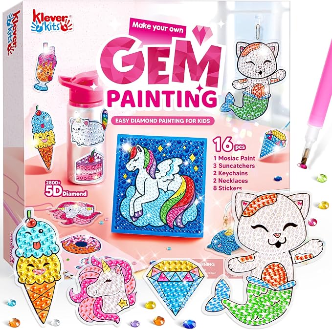Klever Kits 16 Projects Gem Painting, Kids Diamond Art Kit for Kids with 5D Diamond, Arts and Crafts for Girls Ages 6-12, Gem Craft Activities Kits, Premium Art Gift Ideas for Girls Ages 6, 7, 8+