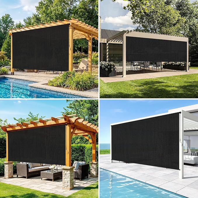 6'W x 8'H Black Patio Shades Roll up Outdoor Roller Shade Crank Wand Blind