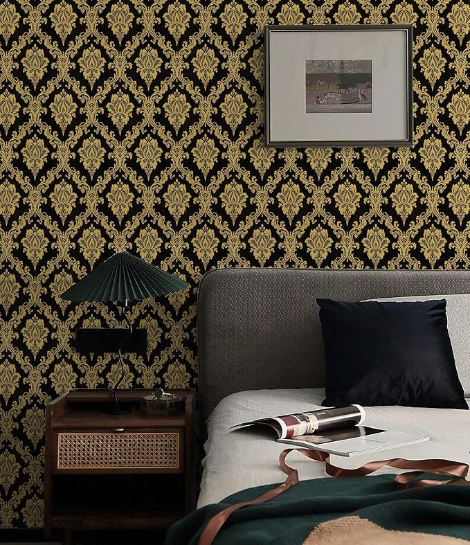 Peel and Stick Wallpaper Black and Yellow Damask Wallpaper
