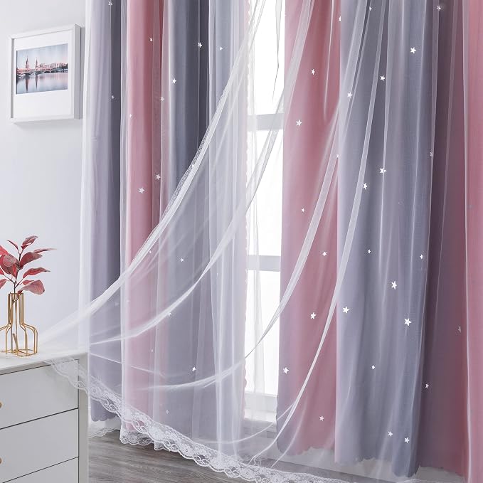 XiDi Curtains for Bedroom Decor, Rainbow Pink-Grey-52-45
