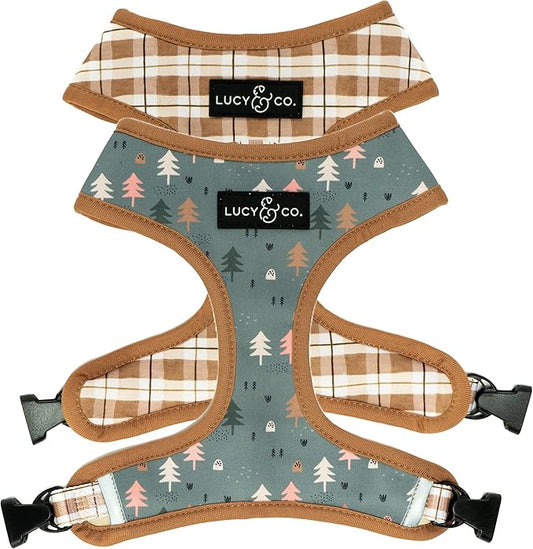Lucy & Co. Take a Hike Reversible Dog Harness - Best Designer Pet Harnesses for XS - XL Dogs - Padded Adjustable Vest for Easy Walking (X-Small, Neutral Brown Plaid with Blue Trees)