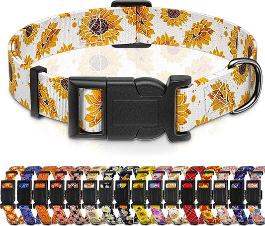 Dog Collar, Floral Boys Girls Puppy Collar for Small Medium Large Dogs, Adjustable Soft Pet Collar with Safety Buckle for Male Females (White Sunflower, M)