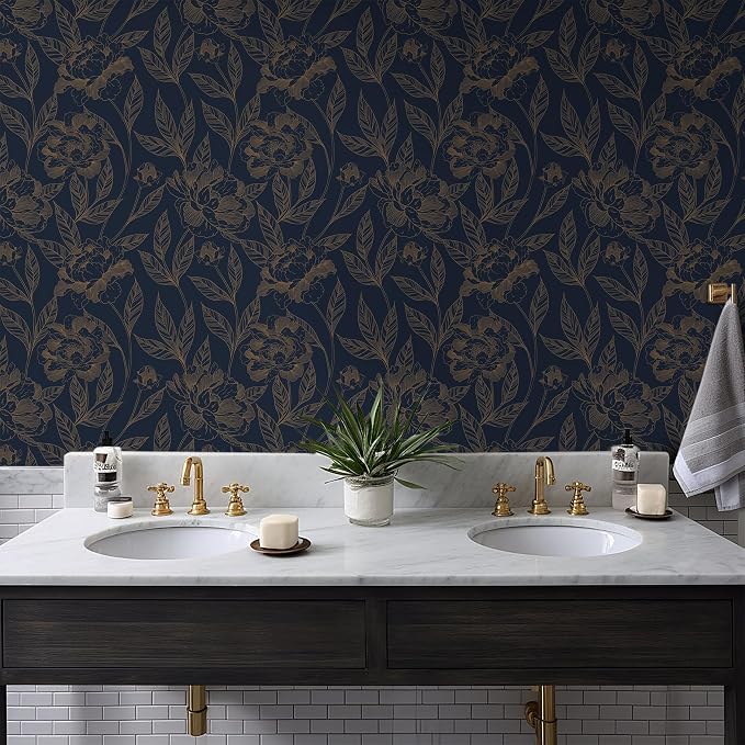 Timeet Peel and Stick Wallpaper Gold and Blue Floral Wall Paper