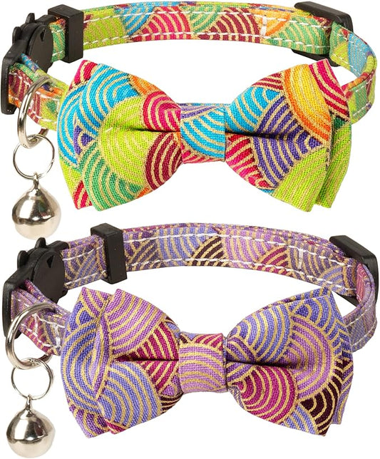 Collar for Cat Pet Breakaway with Bell Bowtie Detachable Bow Adjustable Safety Kitten Puppy Girl Boy 2pcs Kimono-Green & Purple