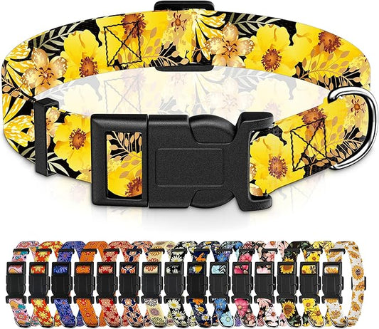 Dog Collar for Boys & Girls, Adjustable Soft Floral Pattern Pet Collar with Safety Buckle for Small to Large Dogs (Yellow, XL)
