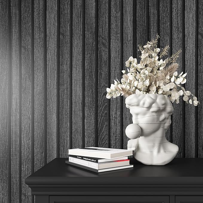 VEELIKE Charcoal Black Wood Slat Wallpaper Peel and Stick Modern Wood Panel