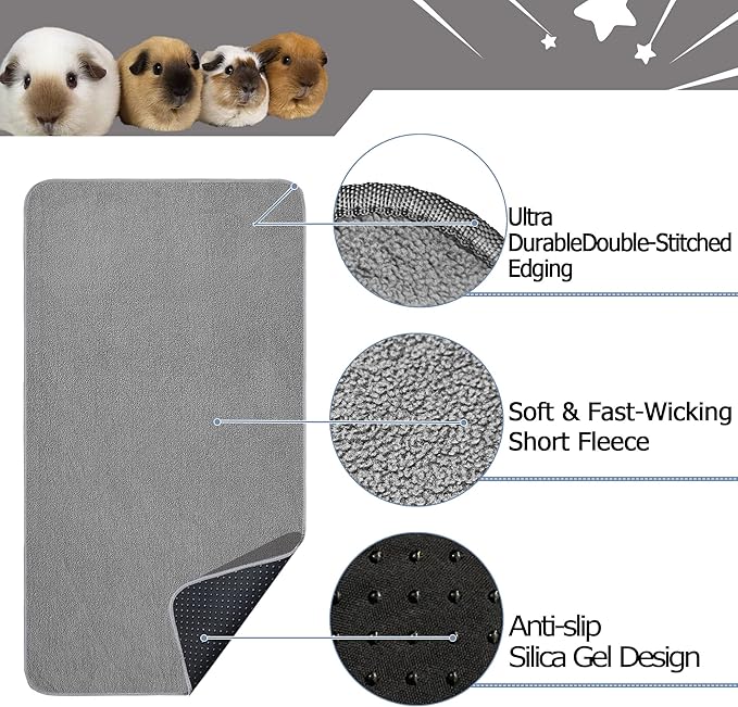 Guinea Pig Cage Liner, 4 Pack - Washable, Reusable, Leakproof Fleece Bedding Pads for Small Animals with Anti-Slip Bottom - for Midwest Kitchen/17''X23'' Area, Gray