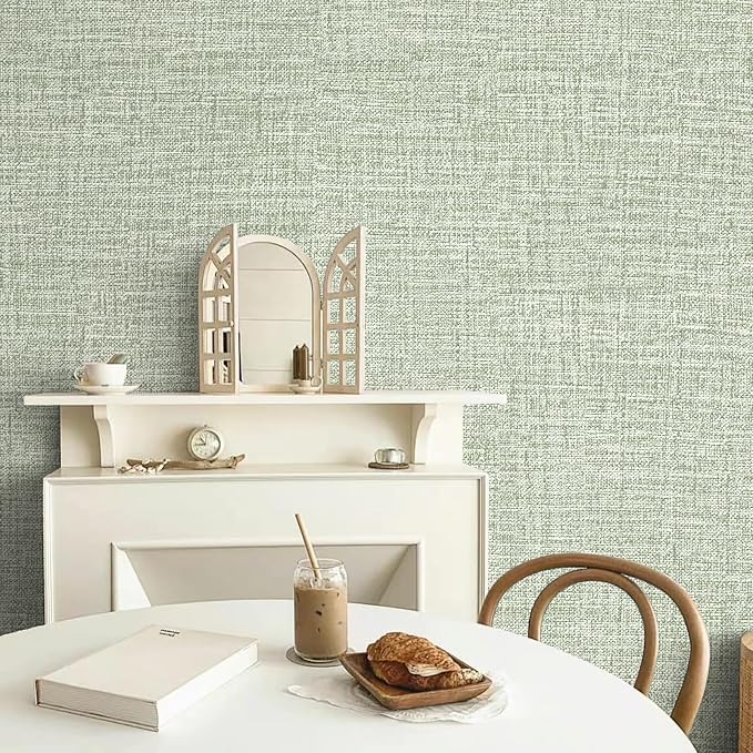 Green Grasscloth Wallpaper 17.3"x160" Faux Linen Textured Contact Paper