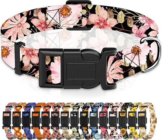 Dog Collar for Boys Girls, Floral Puppy Collar for Small Medium Large Dogs, Adjustable Floral Pattern Soft Pet Collar with Safety Buckle for Male Females(Light Pink,M)