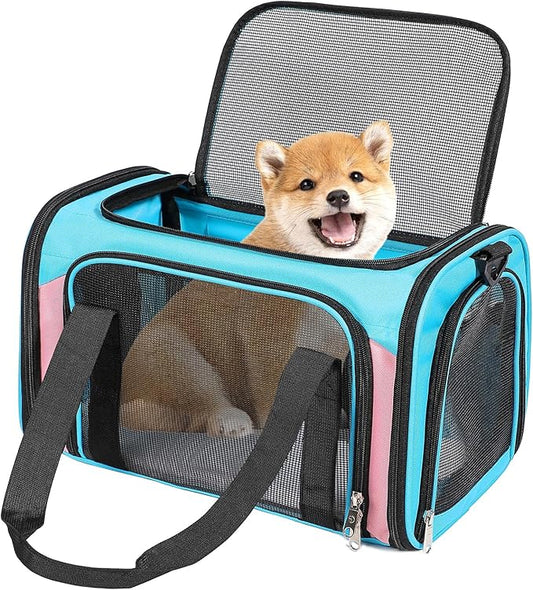 Discala Cat Dog Carrier Pet Carrier for Small Medium Cats Puppies Dog Carriers for Small Dogs Collapsible Soft Sided Cat Travel Carrier - Blue&Pink 21 * 13 * 13