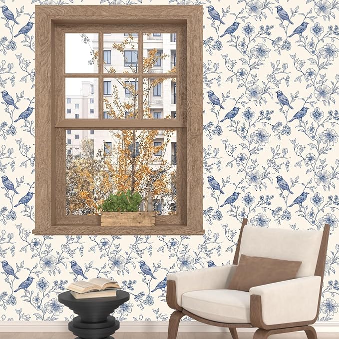 Beige Wallpaper Peel and Stick Blue Floral Bird Vintage Contact Paper 17.5" x