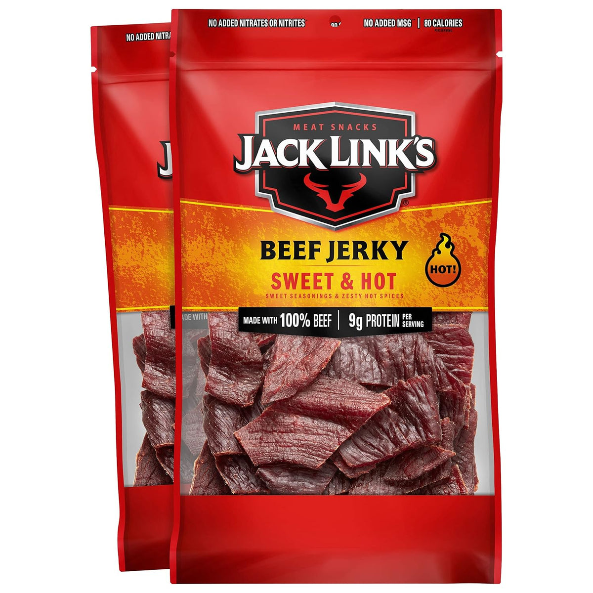 Jack Link's Beef Jerky, Sweet & Hot, Large Jerky Bags - Flavorful Meat Snacks, Ready to Eat Protein Snacks, 9g of Protein per Serving, Made with 100% Beef - 9 Oz. (Pack of 2)