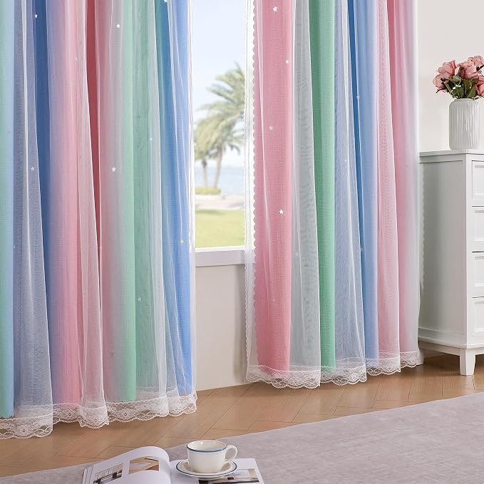 XiDi Curtains for Bedroom Decor, Rainbow Pink GreenBlue52/90/1