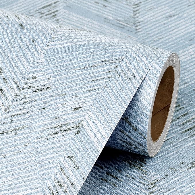 Livelynine Blue Fabric Wallpaper Peel and Stick Prepasted Herringbone Faux