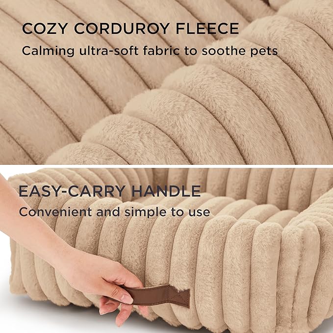 Bedsure Washable Dog Bed for Medium Dogs - Cute Furry Puppy Beds, Rectangle Orthopedic Corduroy Fleece Pet Beds with Removable Zipper Cover, 30x24x8inches, Sandy Beige