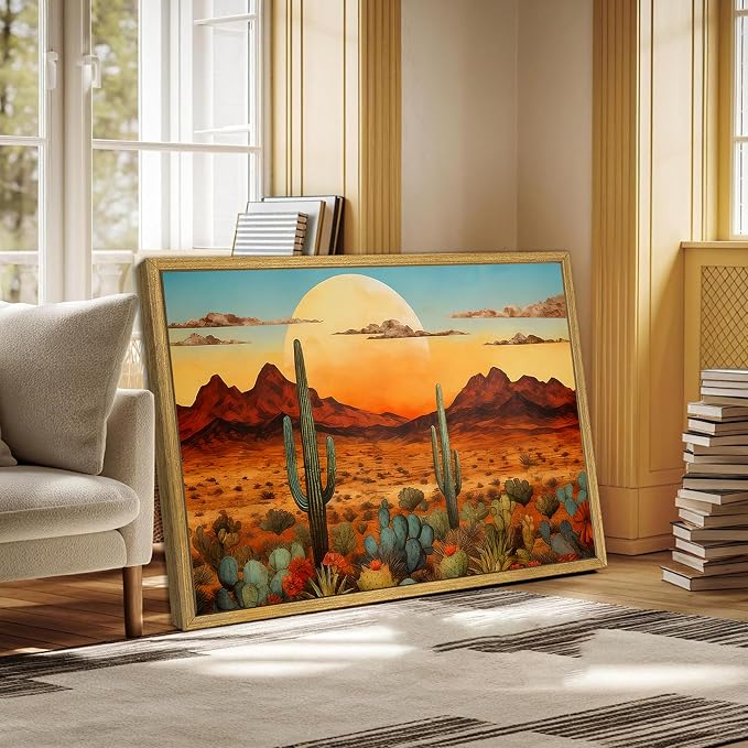 Framed Western Desert Sunset Cactus Wall Art, Vintage Southwest Nature