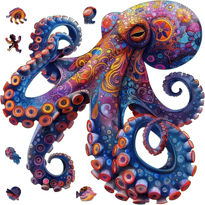 Mys Aurora Octopus Puzzles for Adults, 5MM Thick Jigsaw Puzzles 200 Pieces | Unique Shape Puzzle Ocean Wood Puzzles for Adults and Kids Birthday Gifts Family Game 11.2 * 11.2inch