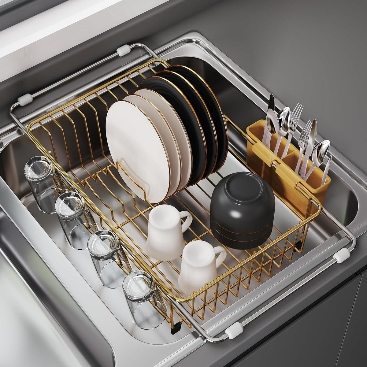 JASIWAY Dish Drying Rack in Sink, Expandable Stainless Steel Dish Drainers for Kitchen Counter, Dish Dryer Rack for Inside Sink, Over The Sink Dish Racks with Utensil Holder, Silver