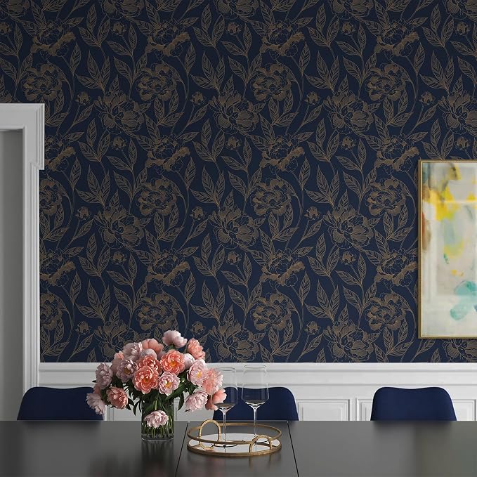 Timeet Peel and Stick Wallpaper Gold and Blue Floral Wall Paper