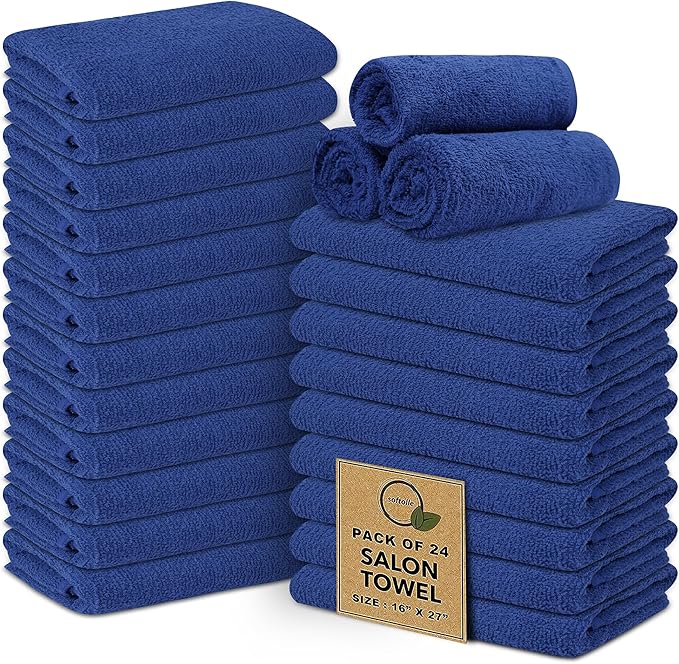 Softolle Salon Towels – Pack of 24 (16"x27") 100% Cotton Ring Spun (Not Bleach Proof) Ultra Soft, Highly Absorbent Hand Towels – Bulk for Spa, Gym & Salon (Navy Blue)