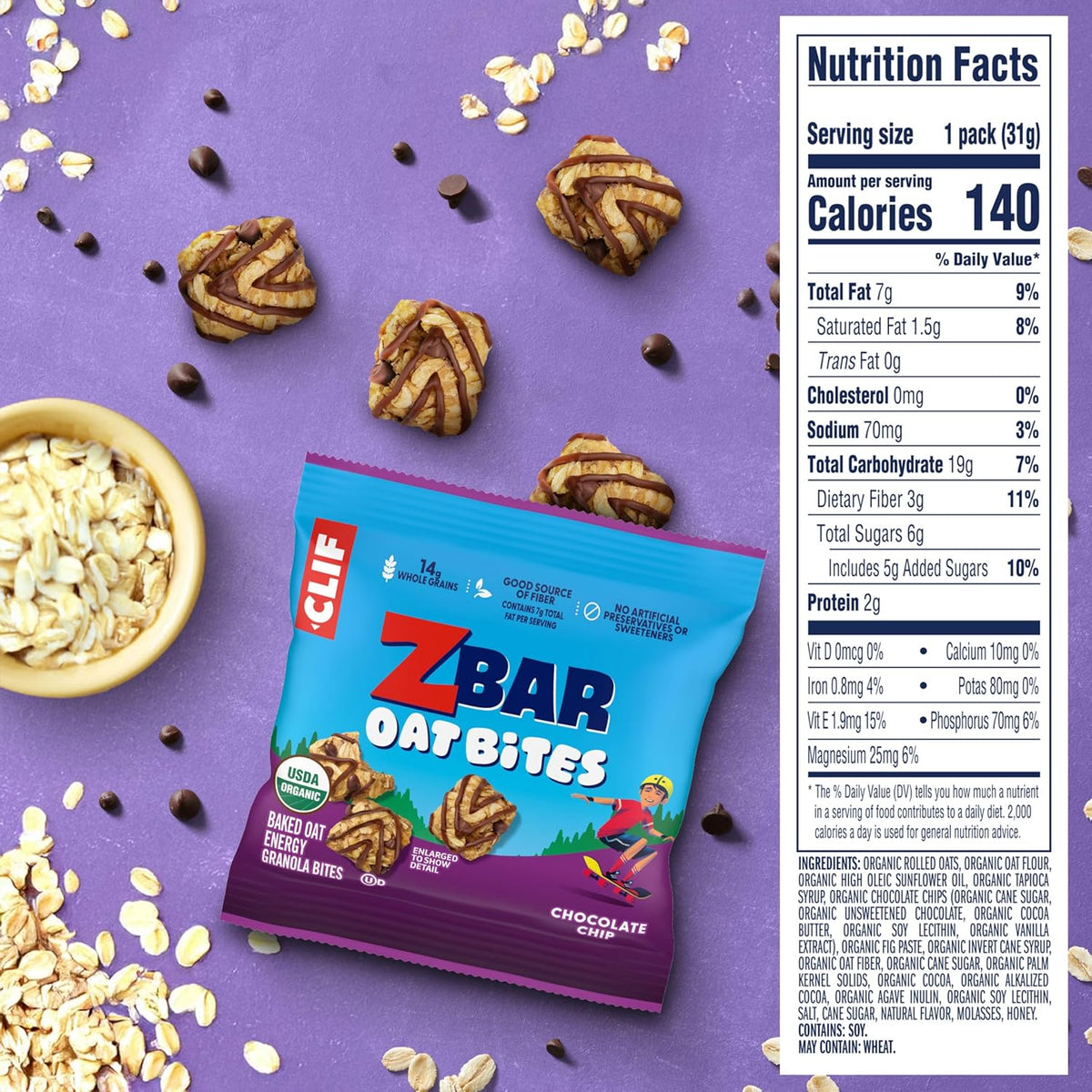 Zbar Oat Bites - Chocolate Chip - Baked Oat Energy Granola Bites - USDA Organic Snacks for Kids - 14g Whole Grains (6 Snack Packs)