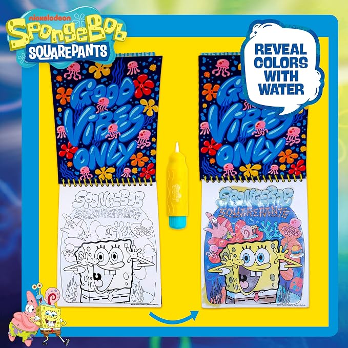 Spongebob Aqua Art, Mess-Free Water Reveal Coloring Book with Pen, No Mess Travel Activity Pad for Kids & Toddlers, Reusable Water Art Set, Preschool On-The-Go Toy, Mess Free Coloring for Toddlers