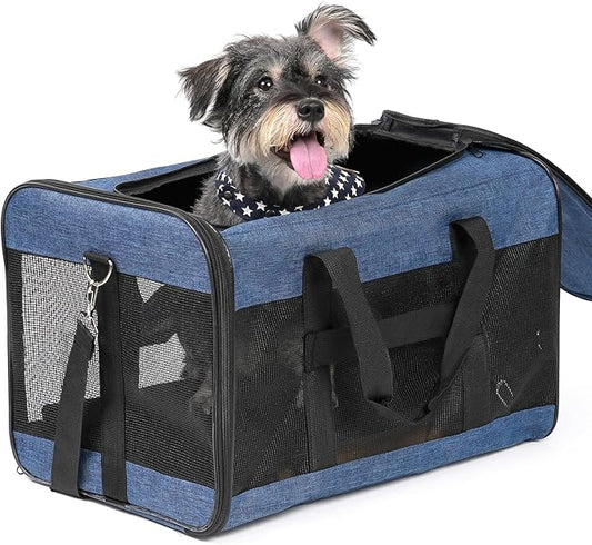 Dog Carrier Soft Sided, Large Cat Carrier with Inner Safety Leash, Pet Transport Carrier for Large Cats and Medium Dogs up to 20 Lbs, Collapsible Travel Puppy Carrier Bag -Blue L