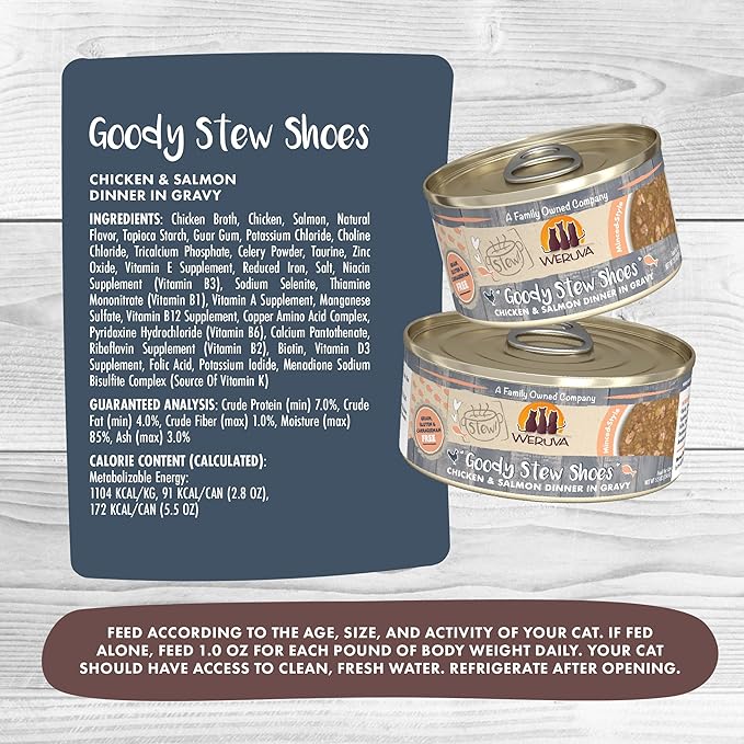 Weruva Classic Cat Stews!, Goody Stew Shoes with Chicken & Salmon in Gravy, 5.5oz Can (Pack of 8)
