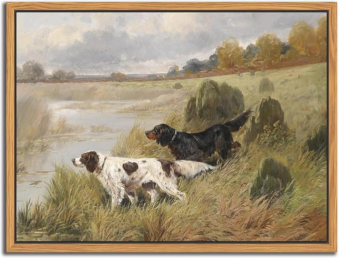 Floating Framed Vintage Hunting Dog Wall Art, Classic Countryside Landscape