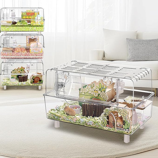 Acrylic Hamster Cage with All Accessories,Dwarf Hamster Cage with Stand,Syrian Mouse Cage for pet mice,Rat Cage for Hamster,Succulent Style Hamster House（19.84''L*11.42''W*10.39''H）