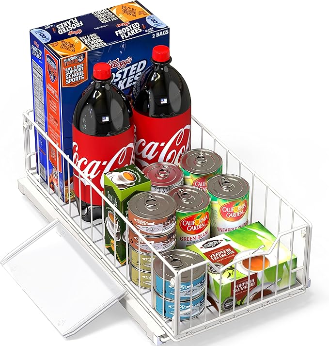 Simple Houseware Pull-Out Cabinet Sliding Basket Organizer, 17.2" D x 9.7" W x 5" H – White, Ideal for Kitchen and Bathroom Cabinet Storage, Under Sink or Pantry Organization