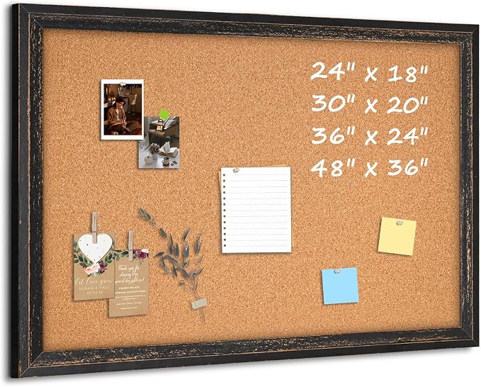 Cork Board Bulletin Board, Rustic Black Wooden Frame, Decorative Hanging Pin