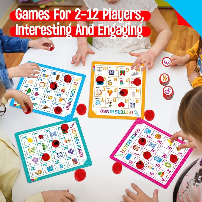 Alphabet & Phonics Bingo Game, 12 Bingo Boards ABC Letters, CVC Blends Words Phonetic Game, Letters Phonetic Awareness Early Educational Learning Toys - Ages 4 and up, Perfect for Classroom & At Home
