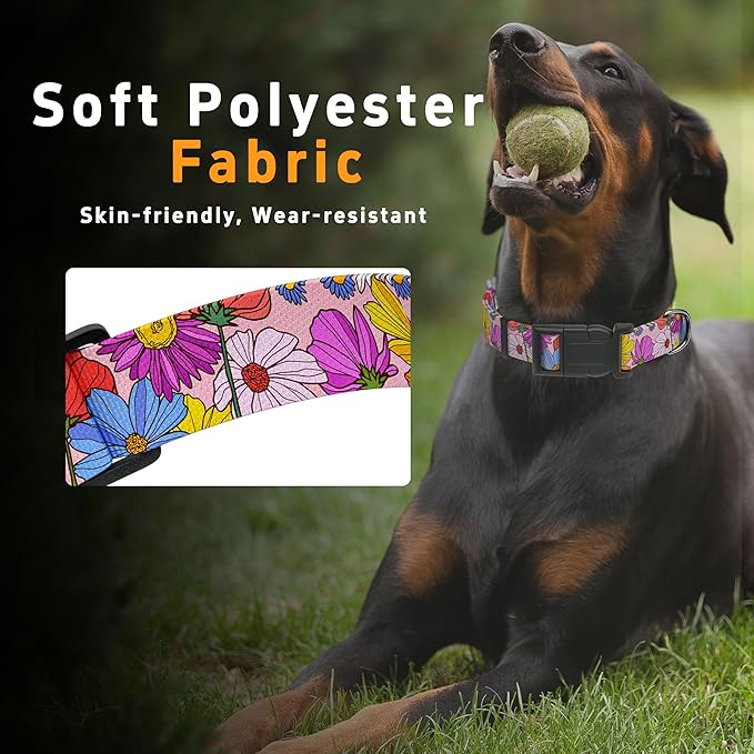 Dog Collar, Pink Floral Boys Girls Puppy Collar for Small Medium Large Dogs, Adjustable Soft Floral Pet Collar with Safety Buckle for Male Females(Pink Floral, M)