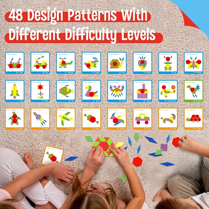 155 PCS Wooden Pattern Blocks Set, 24 Double-Sided Design Cards(48 Patterns) Geometric Shape Puzzle Fun Tangram Montessori Learning Toys for Kids Ages 4-8 (A Storage Bag & A Gift Box)