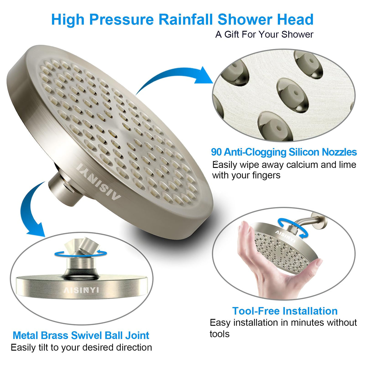 AISINYI 6-Inch High Pressure Rainfall Shower Head — Brushed Nickel, Adjustable, Easy Install