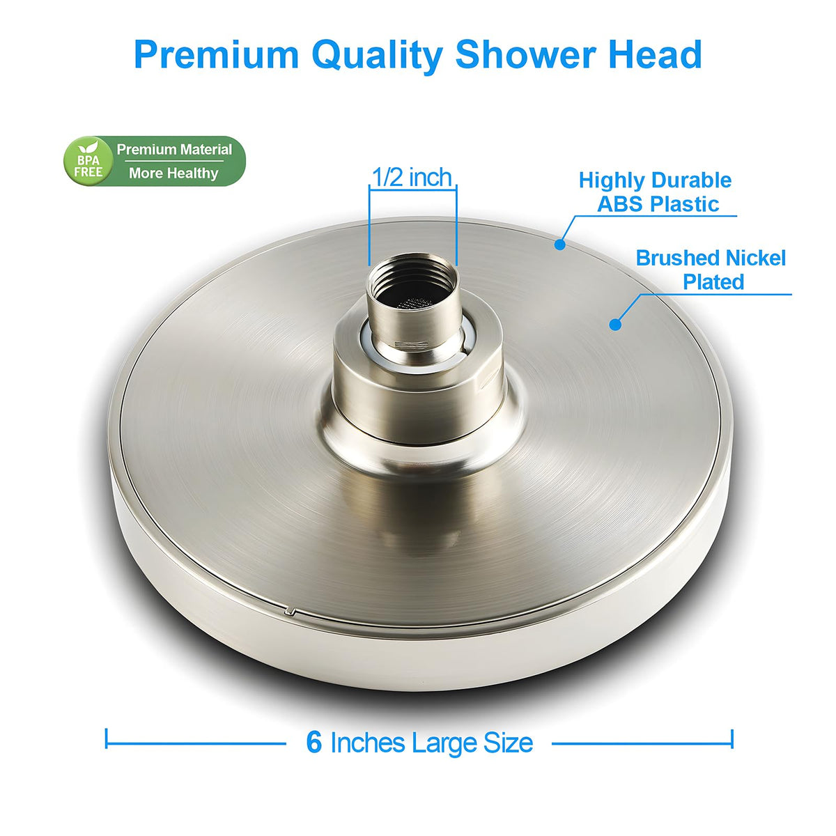 AISINYI 6-Inch High Pressure Rainfall Shower Head — Brushed Nickel, Adjustable, Easy Install
