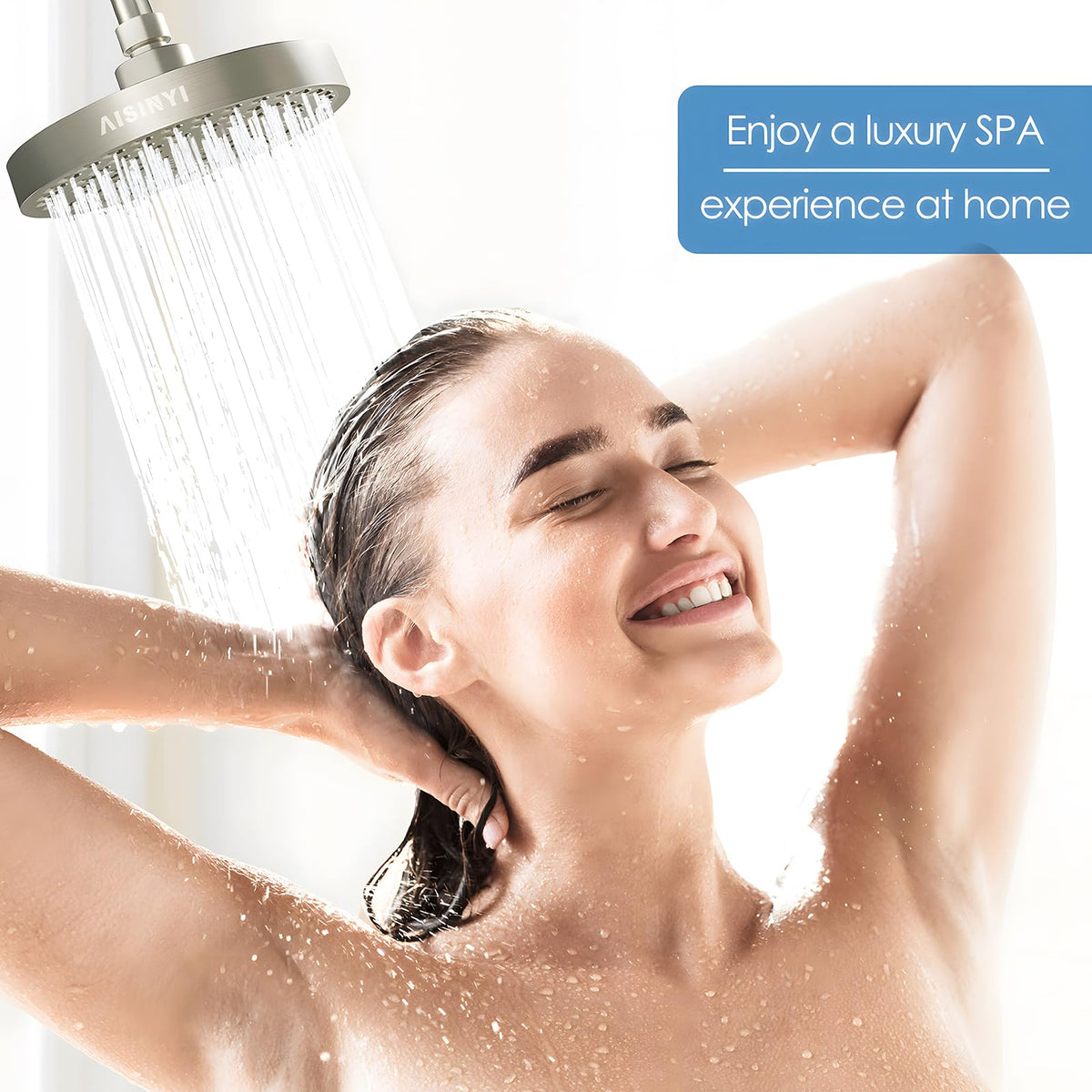 AISINYI 6-Inch High Pressure Rainfall Shower Head — Brushed Nickel, Adjustable, Easy Install