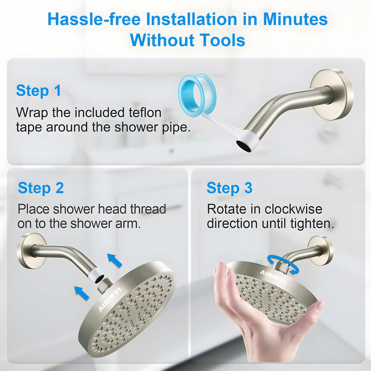 AISINYI 6-Inch High Pressure Rainfall Shower Head — Brushed Nickel, Adjustable, Easy Install