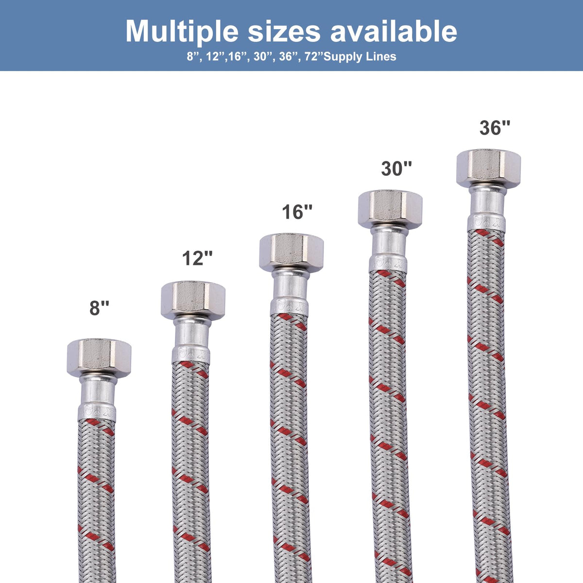 ARCORA 72-Inch Faucet Hose 1/2 to 1/2 | Braided Stainless Steel Supply Lines, cUPC Certified, 1 Pair